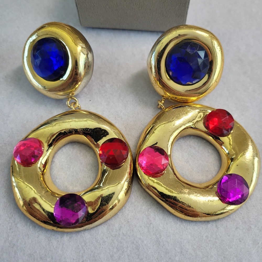 Gold Tone Clip On Earrings Blue Red Pink Purple Rhinestone Mod Statement 3.59"